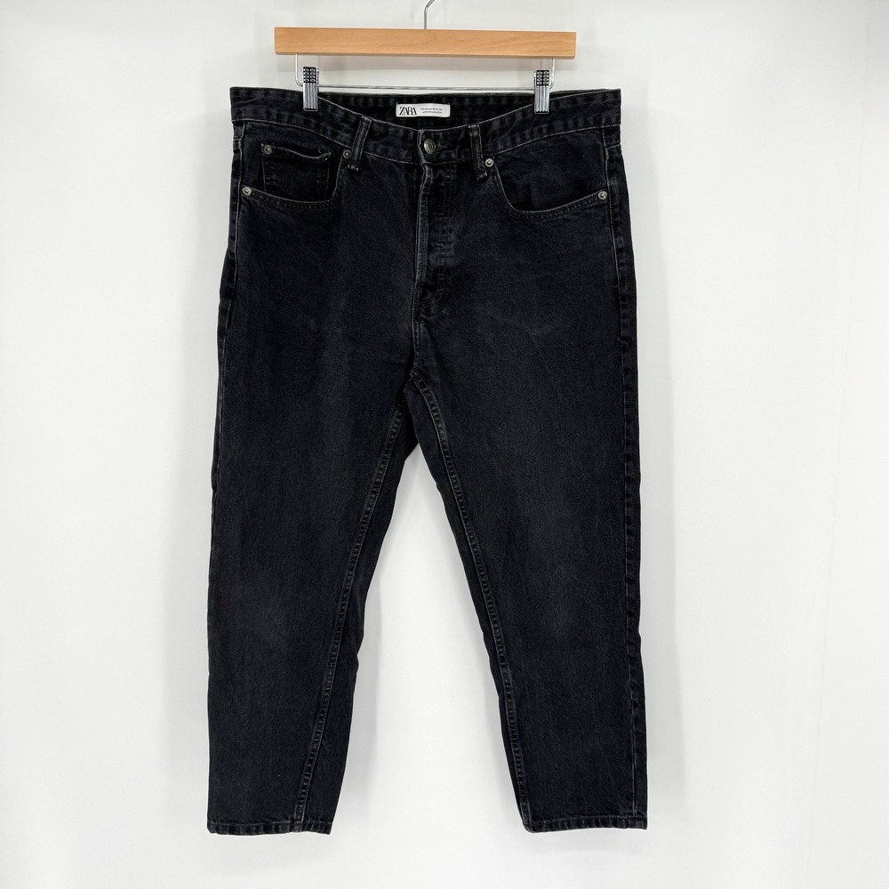 Zara Black Denim Jeans Button Fly Straight Leg Faded Wash Size 36 Womens